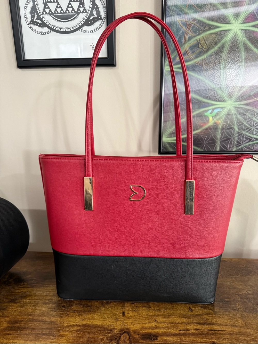Darling’s Two-Tone Red and Black Tote Bag with Gold Accents - Vegan Leather